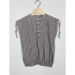 Olive Juice Girls 16Y Brown Gingham Check Smocked Hem Tie Shoulder Blouse Top